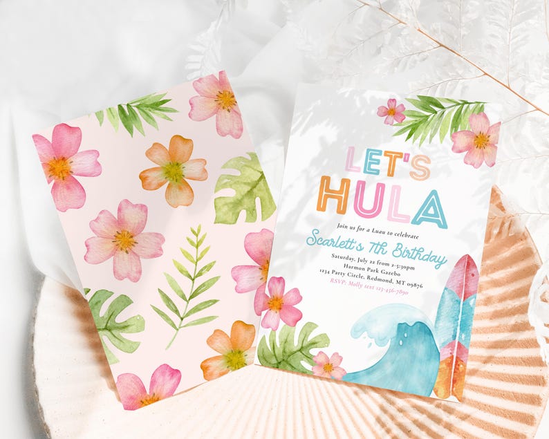 May include: Two invitations with a tropical theme. One features a floral pattern with pink and orange flowers and green leaves. The other says "Let's Hula" with a wave and surfboard illustration, and event details.