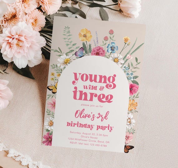 Young, Wild and Three Wildflower Birthday Invitation, Wildflower 3rd Birthday Invitation, Wild and Three Floral Invitation, Floral 3rd