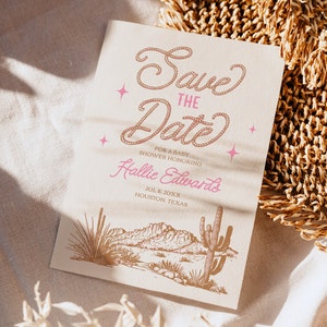 Cowgirl-Babyparty-Abwehr die Datumskarte, Babyparty-Abwehr das Datum, Western Baby Girl Save the Date, rosa Western Save the Date