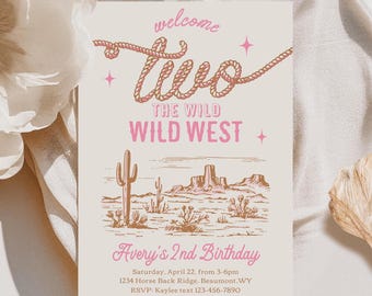May include: A Wild West-themed birthday invitation with the text "welcome Two" in a rope-style font. The invitation features a desert landscape illustration and the text "Avery's 2nd Birthday".
