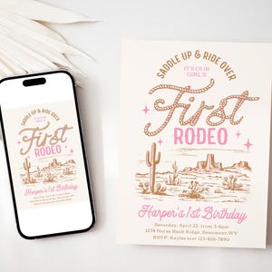 May include: A printable invitation for a first birthday party with a western theme. The invitation features a pink and brown color scheme with a graphic of a desert landscape and the text "Saddle Up & Ride Over It's Our Girl's First Rodeo".