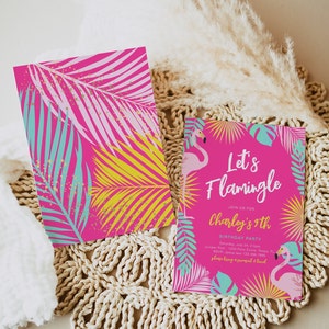 May include: Two pink party invitations with tropical leaf and flamingo designs. One invitation features the text "Let's Flamingle" and details for a birthday party. The other invitation has a similar design with a palm leaf pattern.