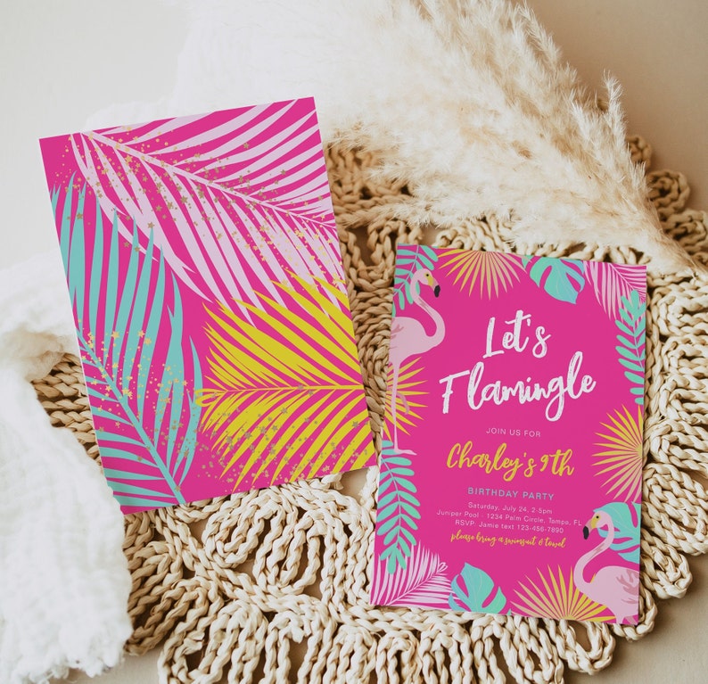 May include: Two pink party invitations with tropical leaf and flamingo designs. One invitation features the text "Let's Flamingle" and details for a birthday party. The other invitation has a similar design with a palm leaf pattern.