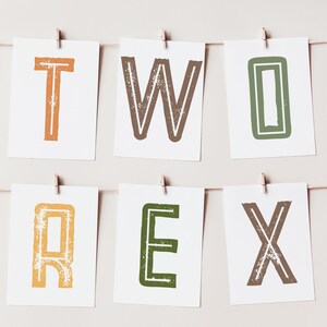 Puede incluir: Un banner con la palabra "TWO REX" escrita en letras grandes de bloque. Cada letra está en una tarjeta separada, con un color diferente para cada letra. Las letras están en un estilo vintage y desgastado.