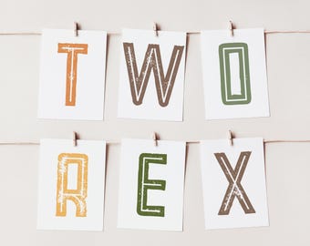 Puede incluir: Un banner con la palabra "TWO REX" escrita en letras grandes de bloque. Cada letra está en una tarjeta separada, con un color diferente para cada letra. Las letras están en un estilo vintage y desgastado.