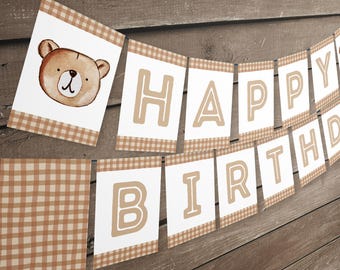Digitale Bear GELUKKIGE VERJAARDAG Banner, Bear Happy Birthday Banner, Bear Bunting Banner, Bear Party Banner, Beary eerste verjaardag Banner