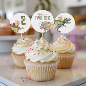 May include: Three cupcakes decorated with colorful sprinkles and topped with dinosaur-themed cupcake toppers. The toppers feature a dinosaur, a number two, and the text "My boy is a TWO-REX".