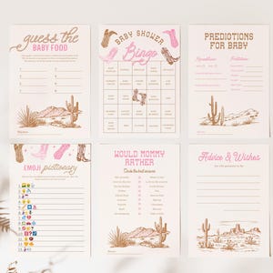 Cowgirl-Babyparty-Spiel-Bundle, Mädchens Western-Duschspiele, Cowgirl-Babyparty-Spiele, druckbare Western-Babyparty, rosa Western-Dusche