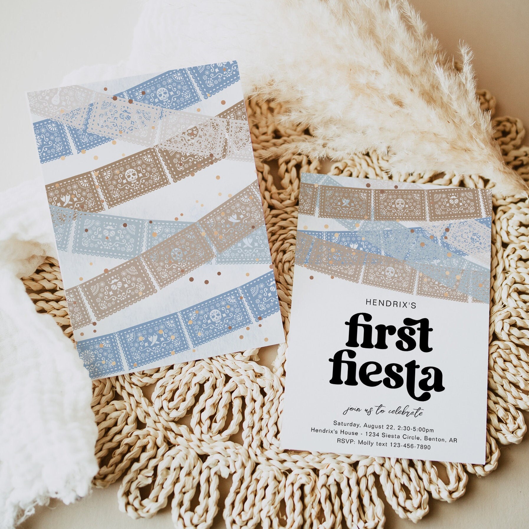Neutral First Fiesta Birthday Invitation, Blue First Fiesta Invitation ...