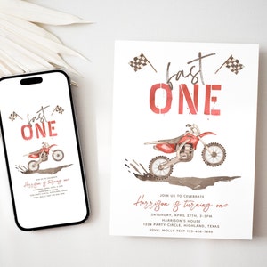 May include: A digital invitation for a first birthday party with a motocross theme. The invitation features a red dirt bike with a checkered flag and the text "fast one".