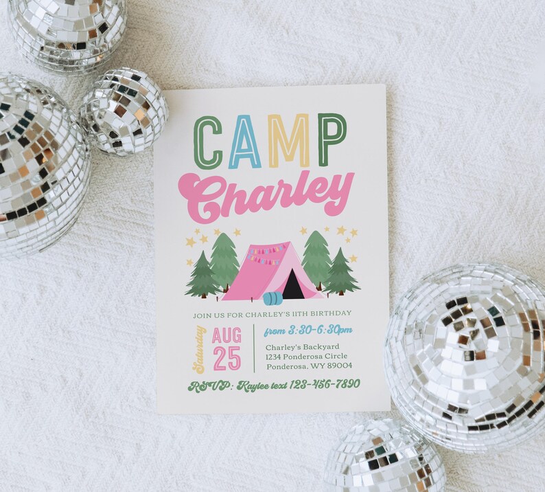 Girl's Camping Birthday Invitation, Girl's Campout Invitation, Glamping Birthday Invitation, Digital Camping Birthday Invitation, Summer image 9
