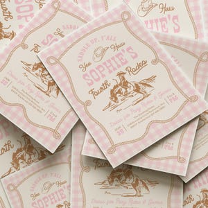 May include: A rectangular invitation card featuring a light pink and white gingham border and a brown rope frame. The text reads: Saddle up, y'all, Yee Haw, Sophie's Fourth Rodeo, Dress for Pony Rides & Games, Jan 25, 2 to 4 PM, and address details.
