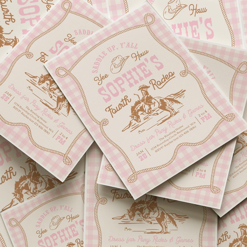 May include: A rectangular invitation card featuring a light pink and white gingham border and a brown rope frame. The text reads: Saddle up, y'all, Yee Haw, Sophie's Fourth Rodeo, Dress for Pony Rides & Games, Jan 25, 2 to 4 PM, and address details.