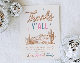Tarjeta de agradecimiento para una fiesta conjunta del Oeste, tarjeta de agradecimiento para un rodeo conjunto editable, tarjeta de agradecimiento para un cumpleaños de hermanos, cumpleaños conjunto del Oeste, fiesta de rodeo mixta