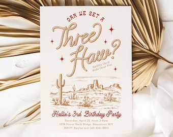 Three Haw Birthday Invitation, Red Western Birthday Invitations, Western Third Birthday Invitation, Third Rodeo Birthday Invitation