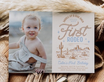 Photo First Rodeo Birthday Invitation, Cowboy Birthday Invitation, Blue Cowboy Invitation, Boy's Western Birthday Invitation, Rodeo Invite
