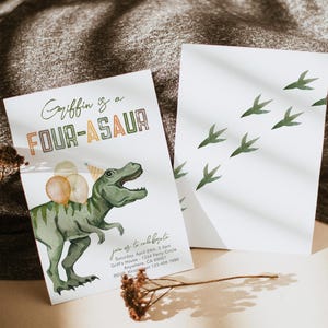 May include: A green dinosaur with a party hat and balloons, with the text "Griffin is a FOUR-ASAUR" on a white background. The text "join us to celebrate" is below the dinosaur, followed by the details of the party: date, time, location, and RSVP information.
