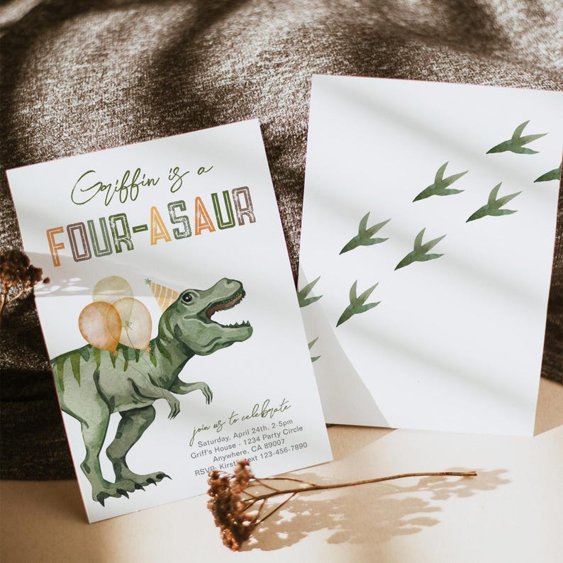 May include: A green dinosaur with a party hat and balloons, with the text "Griffin is a FOUR-ASAUR" on a white background. The text "join us to celebrate" is below the dinosaur, followed by the details of the party: date, time, location, and RSVP information.