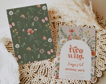 May include: A floral-themed birthday party invitation with a whimsical font that reads "two wild" and includes the text "Join us for Emryni's 2nd birthday party". The invitation has a light brown background with a floral archway and a white circle with the text "two wild" in a pink and orange font.