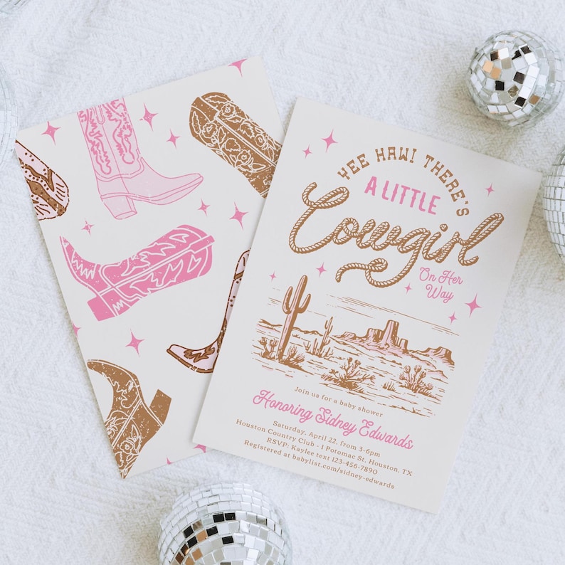 May include: A pink and brown baby shower invitation with a western theme. The invitation features a drawing of a desert landscape with cacti and the text "Yee Hawi There's A Little Cowgirl On Her Way".