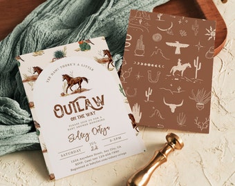 May include: A white baby shower invitation with a brown and white illustration of a horse and the text "Yee Haw! There's a little Outlaw on the way". The invitation is decorated with a brown and white pattern of cacti, horseshoes, and stars.