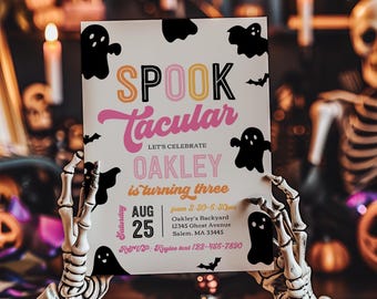 Digital Girl's Halloween Birthday Invitation, Spooktacular Birthday Invitation, Pink and Black Halloween Invitation, Ghost Birthday Invite