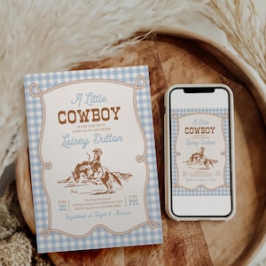 Inbjudan till babyshower med liten cowboy | Inbjudan till babyshower med western rodeo | Cowboy-tema med blått ginghammönster | Utskrivbar inbjudan bild 4