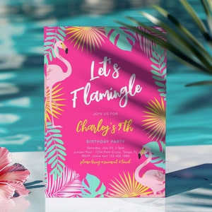 May include: A vibrant pink birthday party invitation with the text "Let's Flamingle" and "Charley's 9th". The invitation features flamingo illustrations and tropical foliage in shades of pink, yellow, and teal. The invitation includes the party date, time, location, and RSVP information.