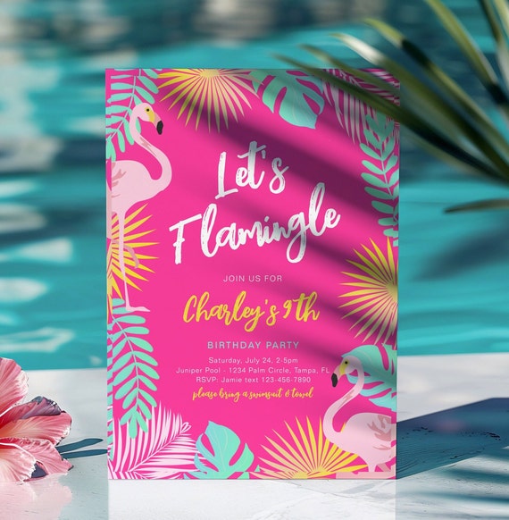 Hot Pink Flamingle Birthday Invitation, Flamingle Pool Invitation, Flamingo Birthday Invitation, Flamingo Pool Party Invite, Digital Pool