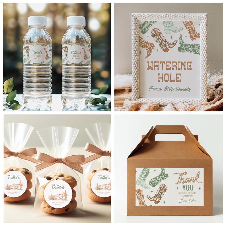 K&ouml;nnte beinhalten: Ein Set an Partygeschenken f&uuml;r eine Western-Party. Die Geschenke beinhalten Wasserflaschen mit personalisierten Etiketten, Kekse mit Western-Motiven und eine braune Box mit einem Dankesch&ouml;n-Etikett mit einem Cowboy-Stiefel-Design. Das Schild lautet "Watering Hole, Please Help Yourself".