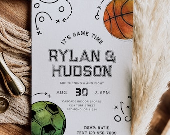 Joint Sports Birthday Invitation, Basketball & Soccer Invitation, Sibling Birthday Invitation, Basketball Invitation, Soccer Invitation