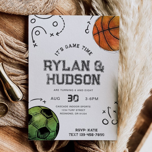 Joint Sports Birthday Invitation, Basketball & Soccer Invitation, Sibling Birthday Invitation, Basketball Invitation, Soccer Invitation