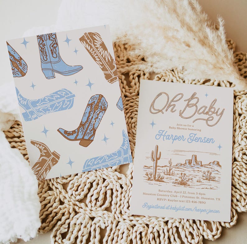May include: A light blue and brown baby shower invitation with a western theme. The invitation features a desert landscape with cacti and a cowboy boot pattern. The text reads "Oh Baby" and "Join us for a Baby Shower honoring Harper Jensen".