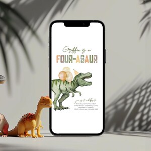 May include: A digital invitation for a birthday party with a green dinosaur wearing a party hat and holding balloons. The text on the invitation reads "Griffin is a FOUR-ASAUR" and includes details about the party, such as the date, time, location, and RSVP information.