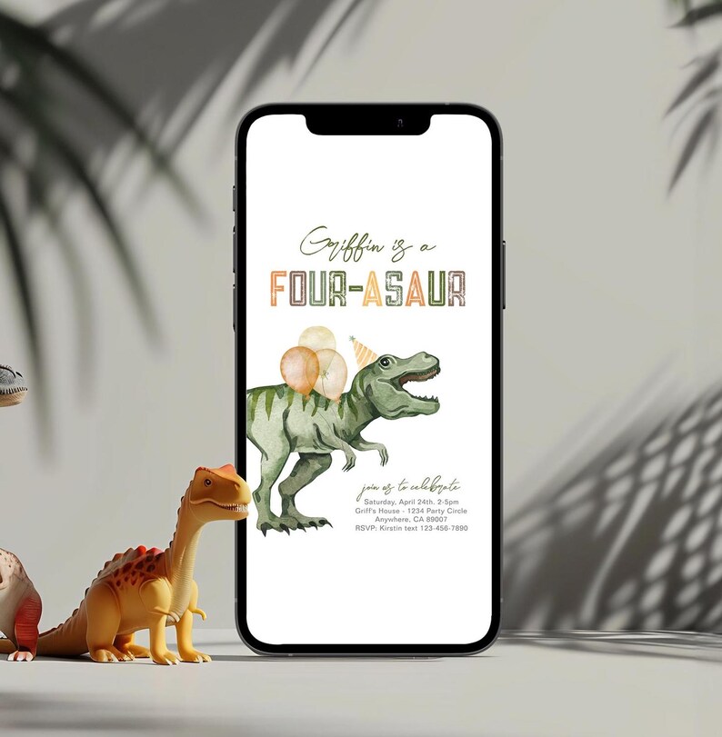 May include: A digital invitation for a birthday party with a green dinosaur wearing a party hat and holding balloons. The text on the invitation reads "Griffin is a FOUR-ASAUR" and includes details about the party, such as the date, time, location, and RSVP information.
