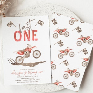 May include: A red and white birthday party invitation with a motocross bike illustration. The text reads "Fast One" and "Join us to celebrate Harrison is turning one".