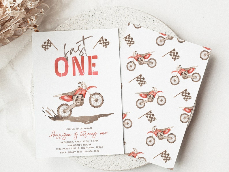 May include: A red and white birthday party invitation with a motocross bike illustration. The text reads "Fast One" and "Join us to celebrate Harrison is turning one".