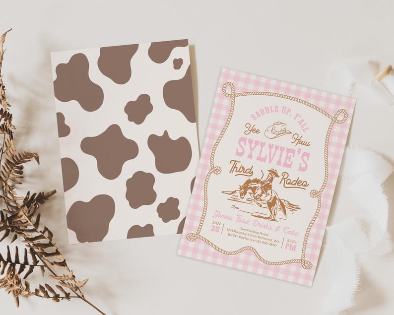 May include: Two rectangular cards. One features a brown and cream cow print pattern. The other has a pink and white gingham background with a rope border, a cowboy hat icon, and text reading "Saddle up, y'all", "Yee Haw", "Sylvie's Third Rodeo".