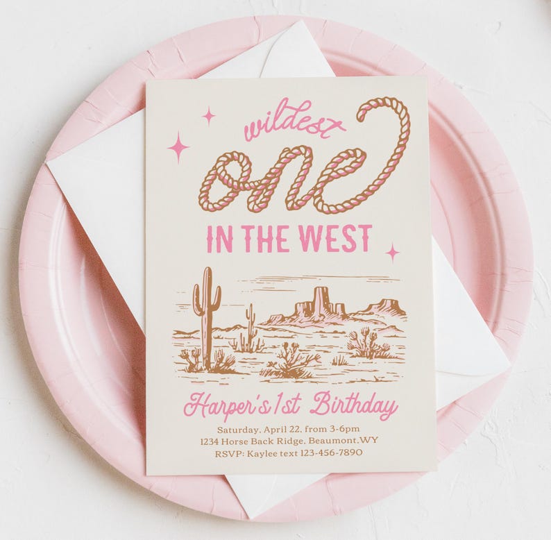 Girl's Wildest One in the West Invitation, Cowgirl First Birthday Invitation, Digital Cowgirl Birthday Invite, Girl's Western First Birthday image 1