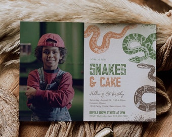 May include: A birthday party invitation with a photo of a young boy wearing a red baseball cap. The invitation features a green and orange snake design and the text "JOIN US FOR SNAKES & CAKE Hollen & Ett birthday Saturday, August 24, 1:30-4:00pm Holden's House 1234 Party Circle, Beechtown, GA REPTILE SHOW STARTS AT 2PM RSVP: Molly Ann text 123-456-7890"