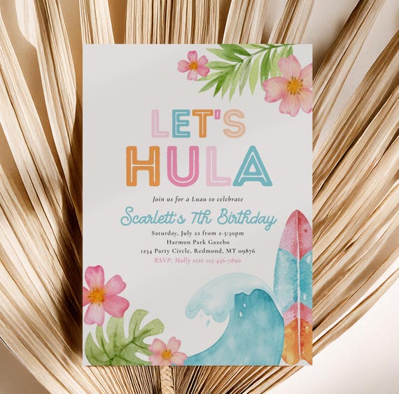 Let's Hula Luau Birthday Invitation, Girl's Luau Invitation, Beach Luau Invitation, Surfing Luau Invitation, Girl's Beach Birthday Invite