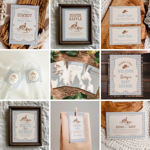 May include: A collection of baby shower decorations with a cowboy theme. Items include framed signs, invitation cards, water bottle labels, and game sheets. The color scheme is light blue and brown with a gingham pattern and cowboy illustrations.