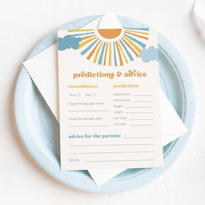 Bewerkbare kaart Sun-babyshoweradvies en voorspellingen, Sun-babyshowerspellen, Sun-advieskaarten, Sun Baby-voorspellingskaarten, Here Comes the Son