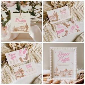 May include: A set of four printable cards for a baby shower with a desert theme. The cards feature a pink and brown color scheme with a cactus and boot design. The text on the cards reads "Diaper Raffle", "Books for Baby", "Pop & Cheer When Baby Hadley is Here", and "Diaper Raffle".
