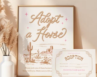 Bearbeitbar Adopt a Horse Zeichen und Adoptionszertifikat, Adopt a Horse Zeichen, Adopt a Horse Zertifikat, Rodeo Party Zeichen, Pferde Adoptionszeichen