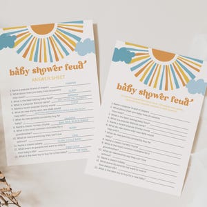 Bewerkbare Sun Baby Shower Feud Game, Sun Baby Shower Games, Here Comes the Son Shower Games, Sun Baby Shower-kaarten, Here Comes the Son