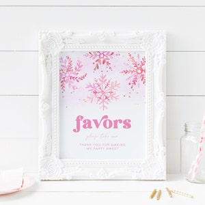 Girl&#39;s Winter Party Favors Sign, Pink Winter Sign, Pink Snowflake Favors Sign, Digital Winter Party Signs, Winter Birthday Party, Winter