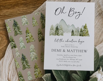 Oh Boy Adventure Baby Shower, Watercolor Mountains Baby Shower, Adventure Baby Shower Zaproszenie, Adventure Shower Zaproszenie, Trees Baby Shower