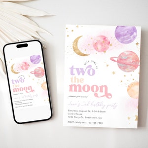 Two the Moon Birthday Party Invitation, Two the Moon Party, Digital Two the Moon Invitation, Girl's Space Birthday Invitation, Digital Space image 2