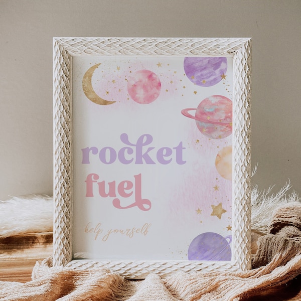 Editable Space Party Sign, Rocket Fuel Sign, Digital Space Party Signs, Digital Two the Moon Party Signs, Watercolor Pink Space Party